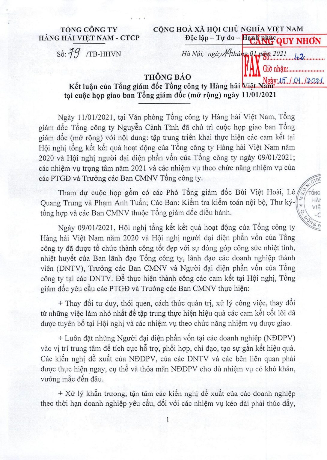 Thông báo kết luận của Tổng Giám đốc Tổng Công ty Hàng hải Việt Nam tại cuộc họp giao ban Tổng Giám đốc (mở rộng) ngày 11/01/2021