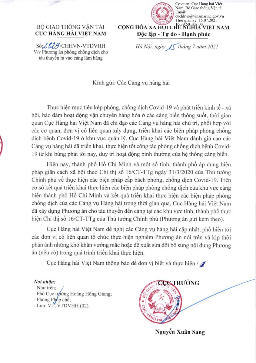 CÔNG VĂN SỐ 2829/CHHVN-VTDVHH VỀ VIỆC PHƯƠNG ÁN PHÒNG CHỐNG DỊCH CHO TÀU THUYỀN RA VÀO CẢNG LÀM HÀNG