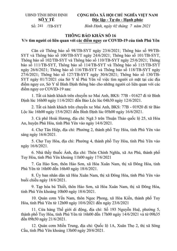 THÔNG BÁO KHẨN SỐ 16 VỀ VIỆC TÌM NGƯỜI CÓ LIÊN QUAN VỚI CÁC ĐIỂM NGUY CƠ COVID-19 CỦA TỈNH PHÚ YÊN