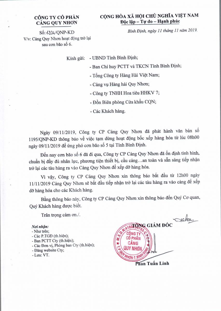 Cảng Quy Nhơn hoạt động trở lại sau cơn bão số 6