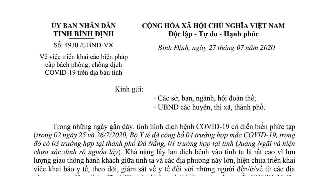 Triển khai các biện pháp cấp bách phòng, chống dịch COVID-19 trên địa bàn tỉnh Bình Định