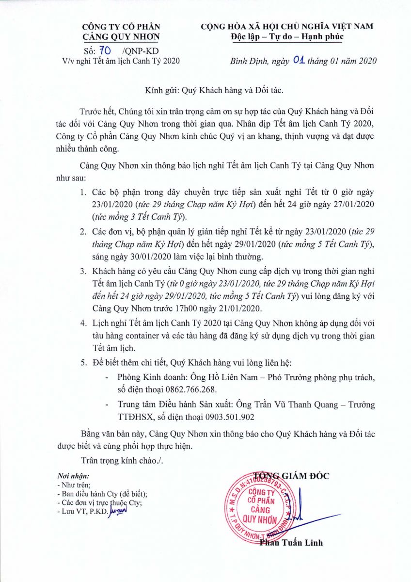NOTICE OF NEW YEAR CELEBRATION HOLIDAY 2020