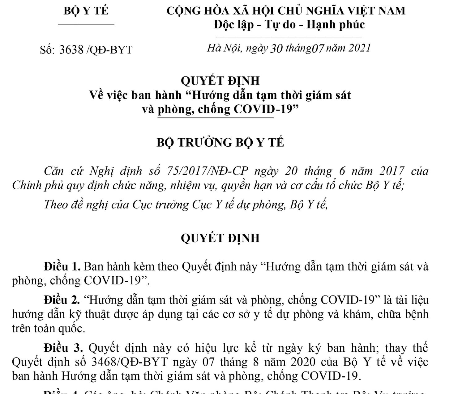 Quyết định số 3638/QĐ-BYT ngày 30/7/2021 của Bộ Y tế về việc ban hành hướng dẫn tạm thời giám sát và phòng chống Covid-19