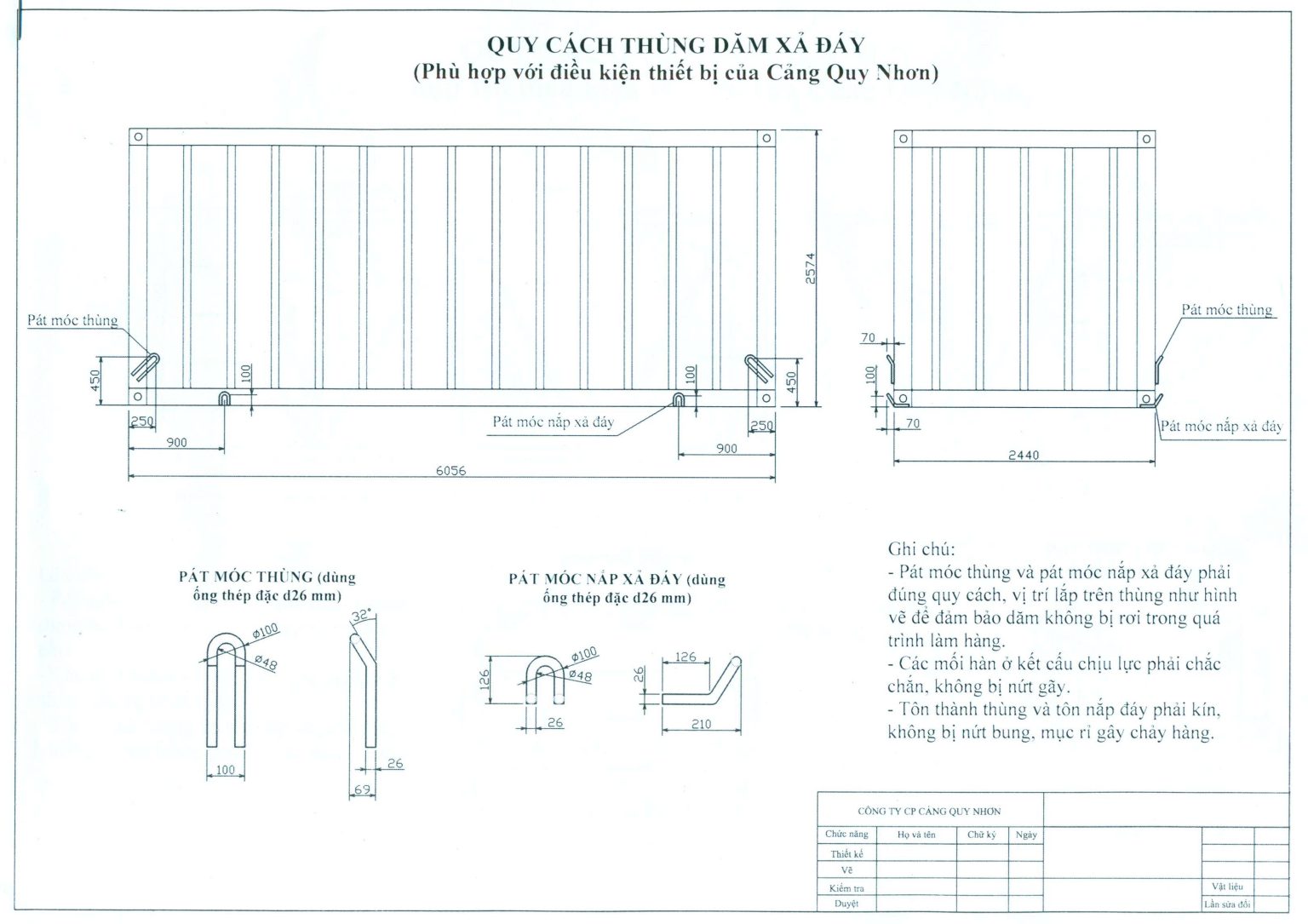 Quy cách thùng dăm xả đáy (phù hợp với điều kiện thiết bị của Cảng Quy Nhơn)