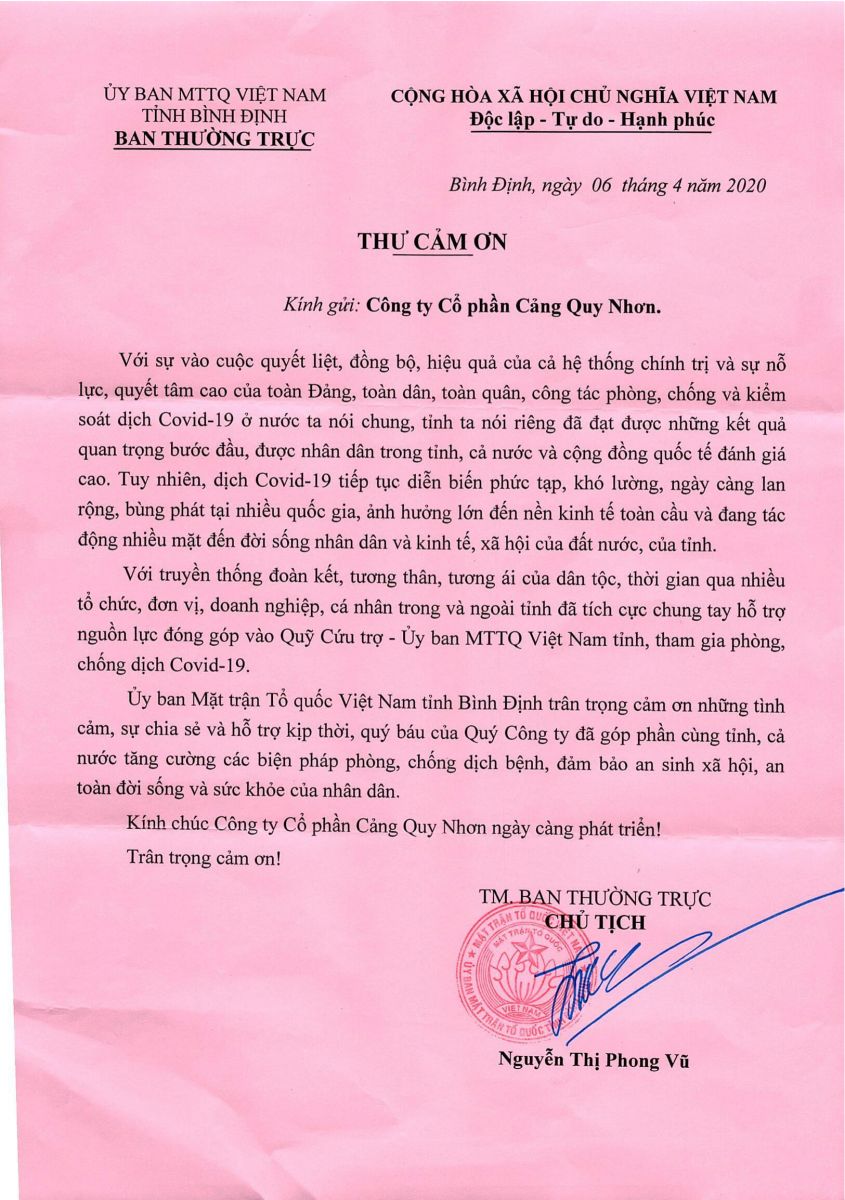 THƯ CẢM ƠN CỦA ỦY BAN MẶT TRẬN TỔ QUỐC VIỆT NAM TỈNH BÌNH ĐỊNH