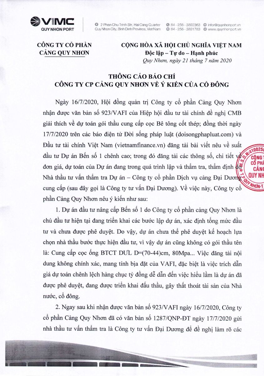 THÔNG CÁO BÁO CHÍ CÔNG TY CỔ PHẦN CẢNG QUY NHƠN VỀ Ý KIẾN CỦA CỔ ĐÔNG